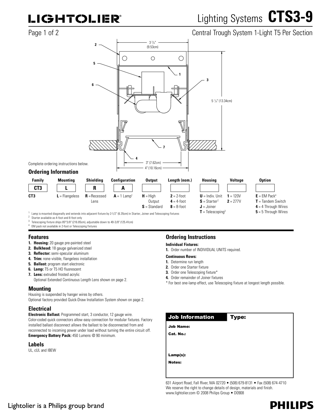 Lightolier CTS3-9 manual Ordering Information, Features, Mounting, Electrical, Labels, Ordering Instructions 