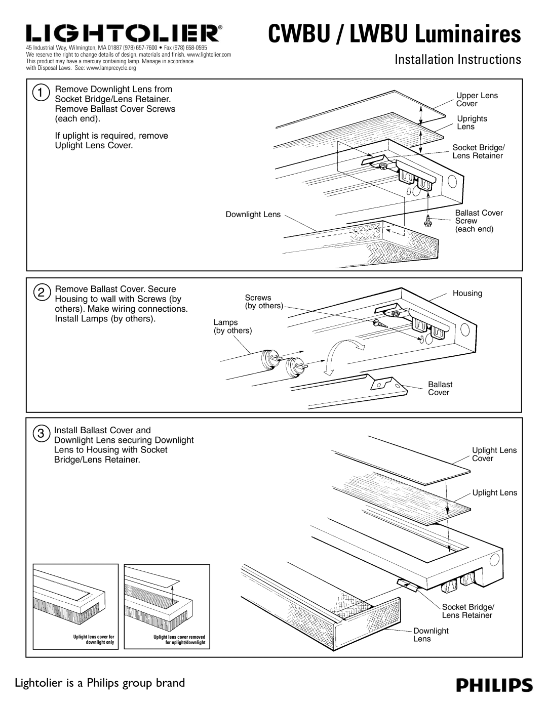 Lightolier CWBU installation instructions Cwbu / Lwbu Luminaires, Installation Instructions 