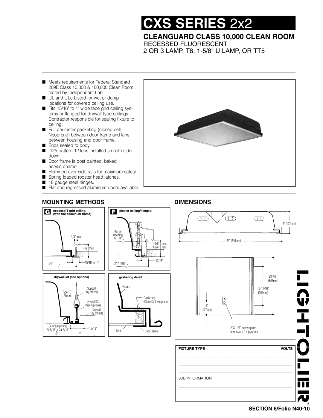 Lightolier CXS Series 2x2 dimensions Mounting Methods, Dimensions 