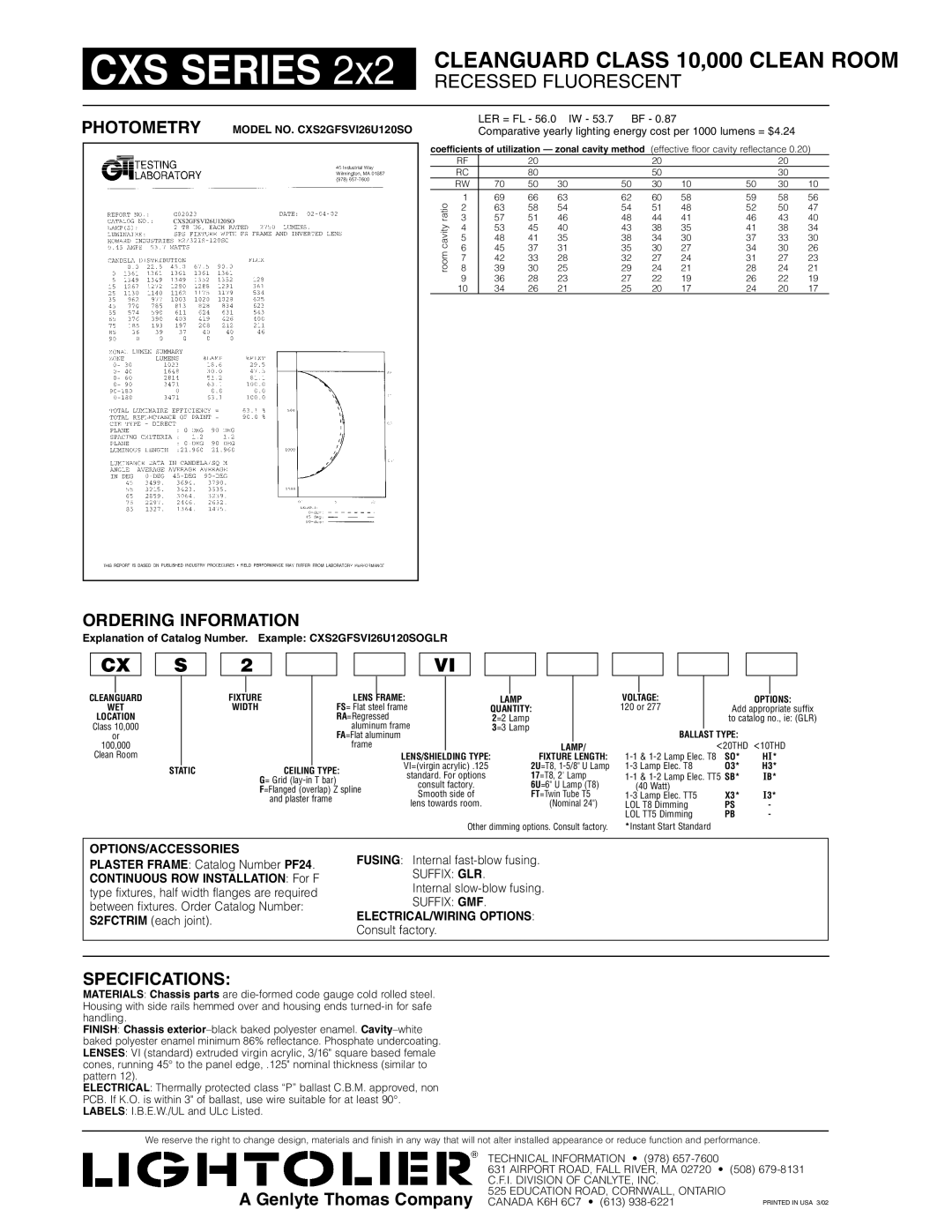 Lightolier CXS Series 2x2 dimensions Ordering Information, Specifications 