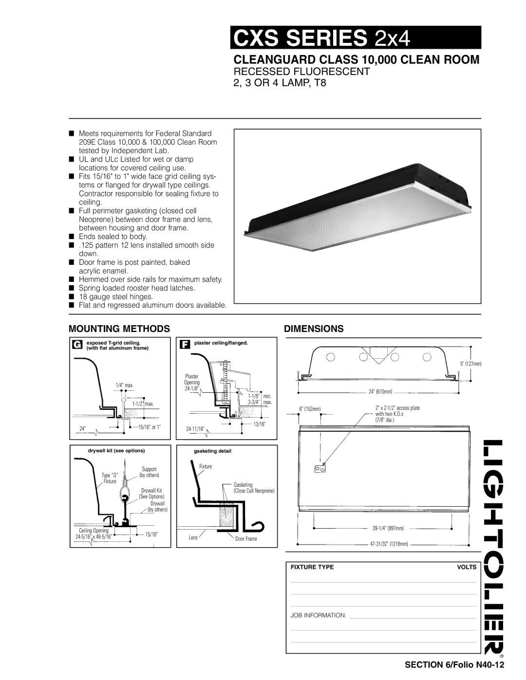 Lightolier CXS Series 2x4 dimensions Recessed Fluorescent 2, 3 or 4 LAMP, T8, Mounting Methods, Dimensions 