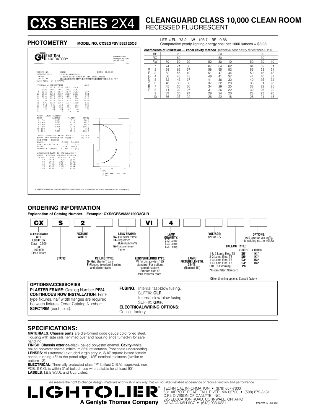 Lightolier CXS Series 2x4 dimensions Recessed Fluorescent, Ordering Information, Specifications 