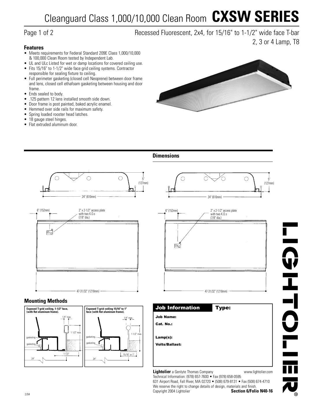 Lightolier CXSW SERIES dimensions Page 1 of, 2, 3 or 4 Lamp, T8, Features, Dimensions, Mounting Methods, Job Information 