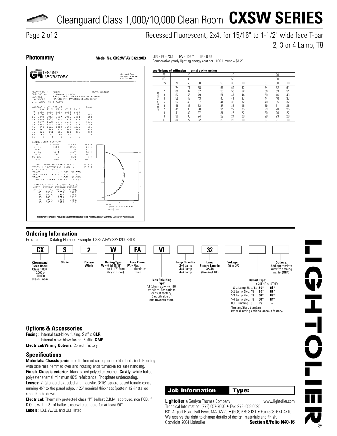 Lightolier CXSW SERIES Page 2 of, Photometry, Ordering Information, Options & Accessories, Speciﬁcations, Job Information 