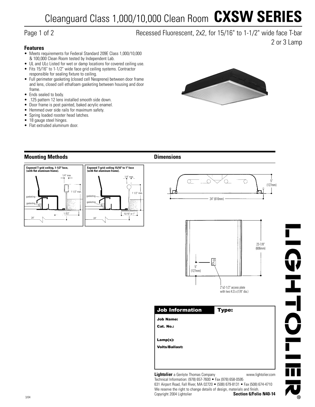 Lightolier CXSW-SERIES2X2 dimensions Features, Mounting Methods 