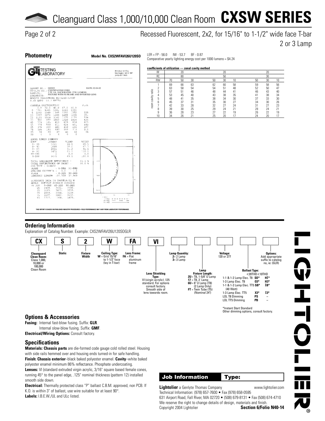 Lightolier CXSW-SERIES2X2 dimensions Photometry, Ordering Information, Options & Accessories, Speciﬁcations 