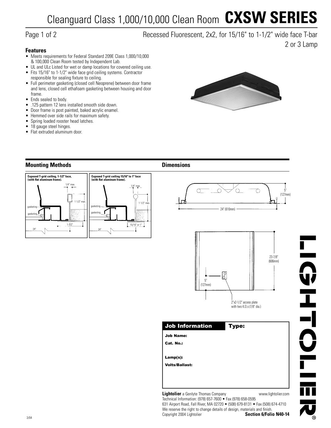 Lightolier CXSW-SERIES2X2 dimensions Page 1 of, 2 or 3 Lamp, Features, Mounting Methods, Job Information, Type, Dimensions 