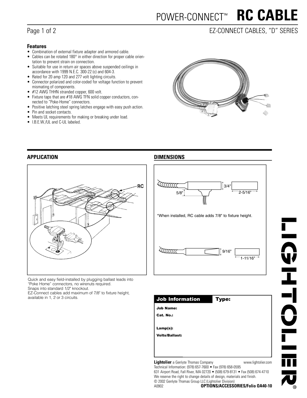 Lightolier D Series dimensions Application Dimensions, Job Information Type 