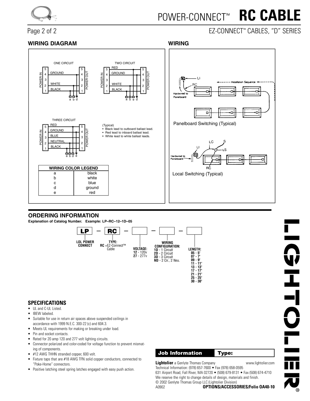 Lightolier D Series dimensions Wiring Diagram, Ordering Information, Specifications, Job Information 