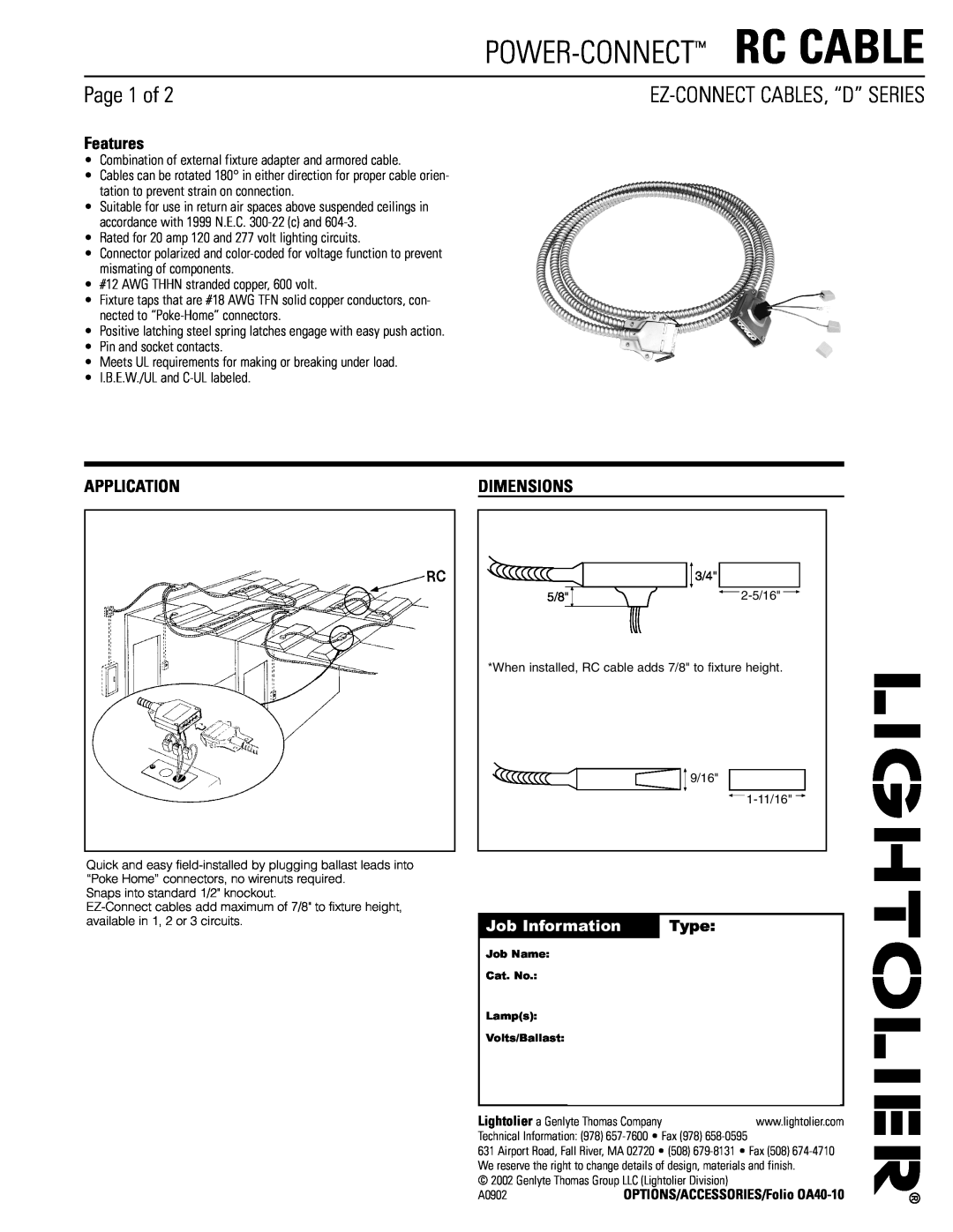 Lightolier D" Series dimensions Page 1 of, Features, Application, Dimensions, Job Information, Type 