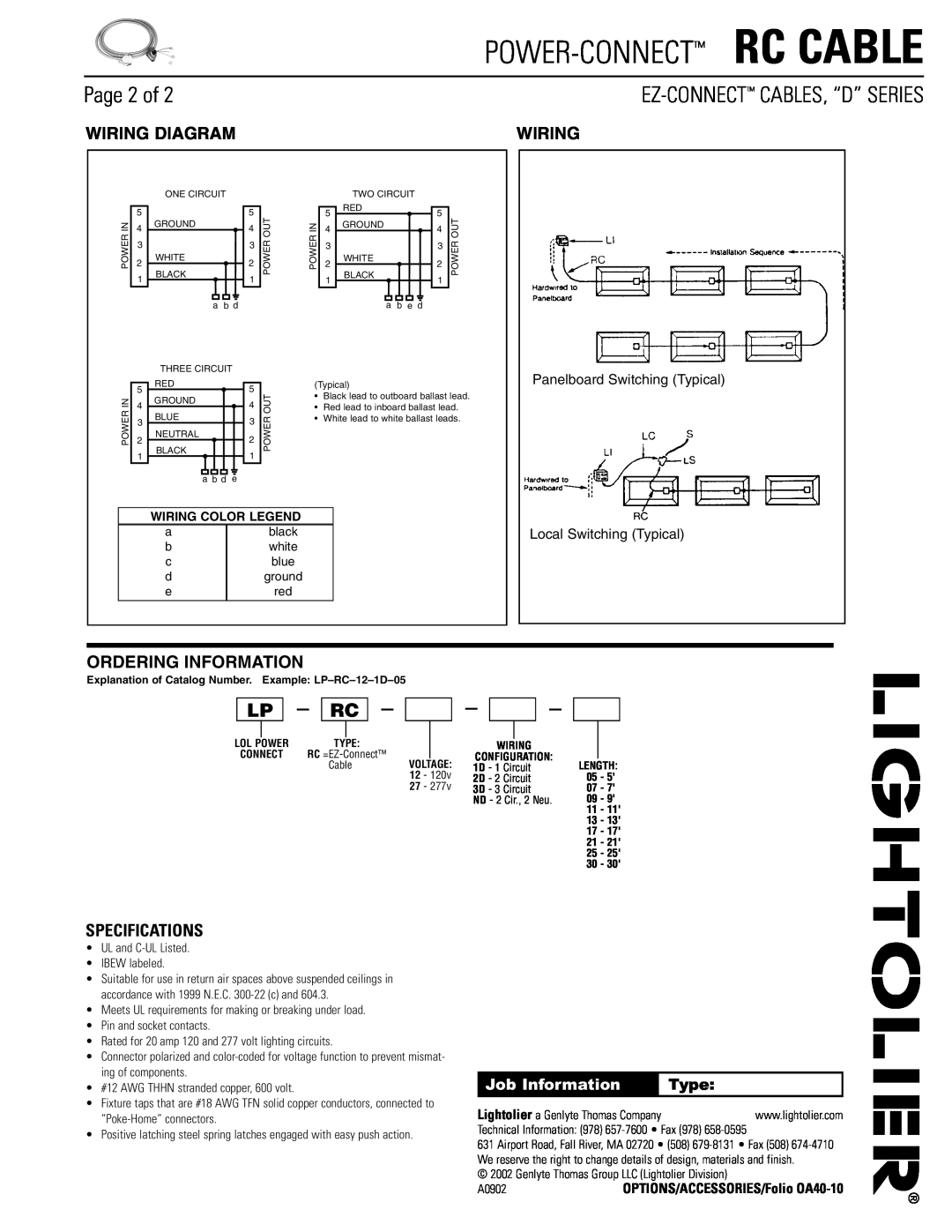 Lightolier D" Series Page 2 of, Ez-Connect Cables, “D” Series, Specifications, Power-Connect Rc Cable, Wiring Diagram 