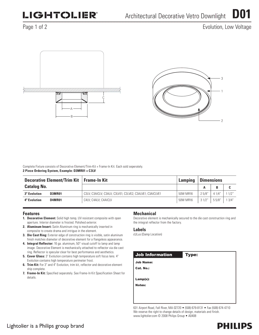 Lightolier D01 dimensions Frame-In Kit Lamping, Features, Mechanical, Labels 