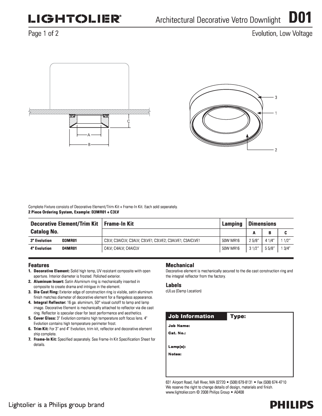 Lightolier dimensions Architectural Decorative Vetro DownlightD01, Evolution, Low Voltage, Page 1 of, Job Information 