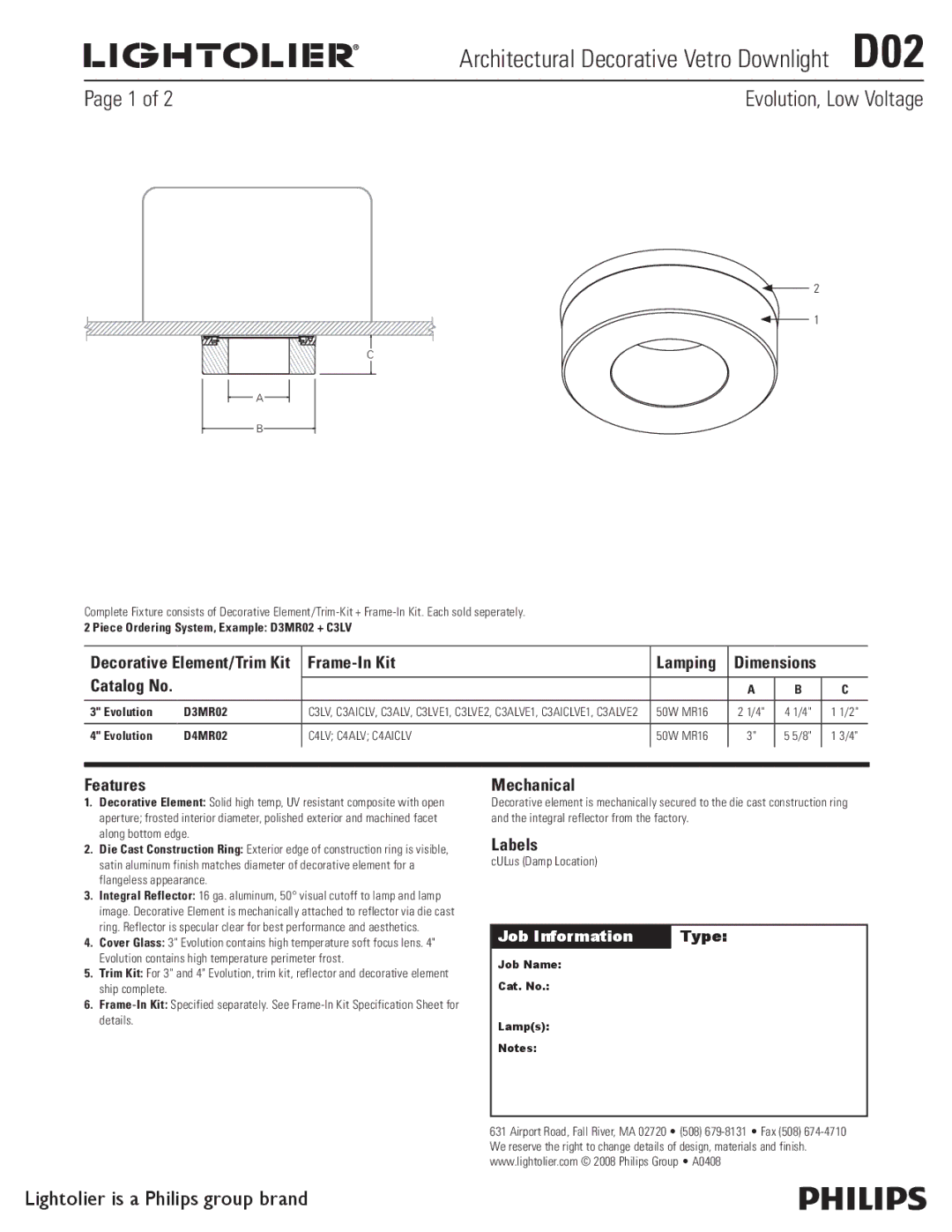 Lightolier D02 dimensions Frame-In Kit Lamping, Features, Mechanical, Labels 