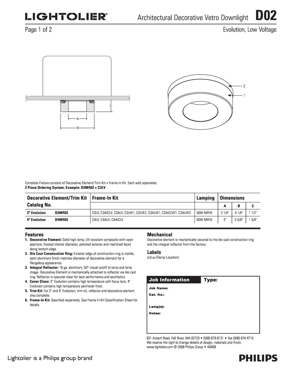 Lightolier dimensions Architectural Decorative Vetro DownlightD02, Evolution, Low Voltage, Page 1 of, Job Information 
