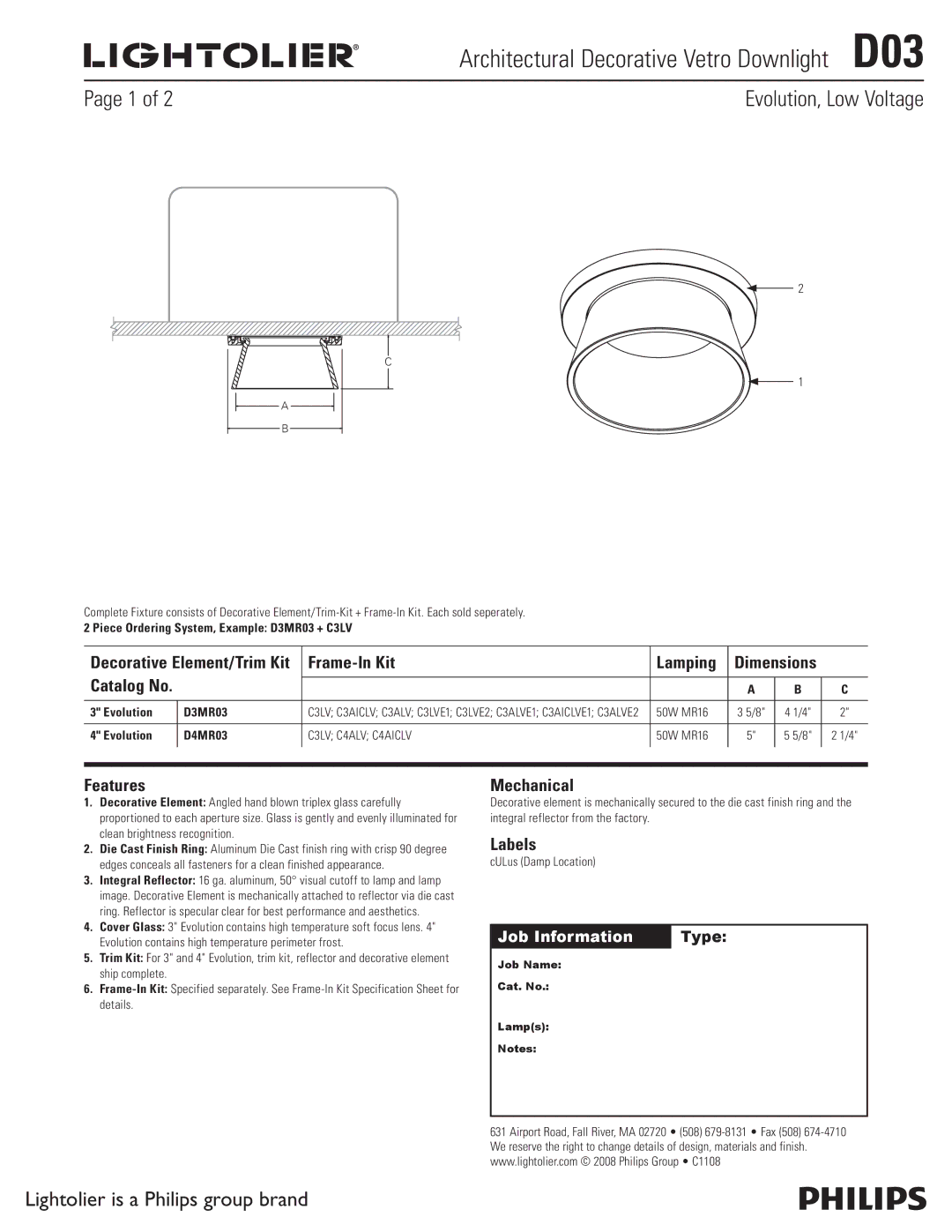 Lightolier D03 dimensions Frame-In Kit Lamping, Features, Mechanical, Labels 