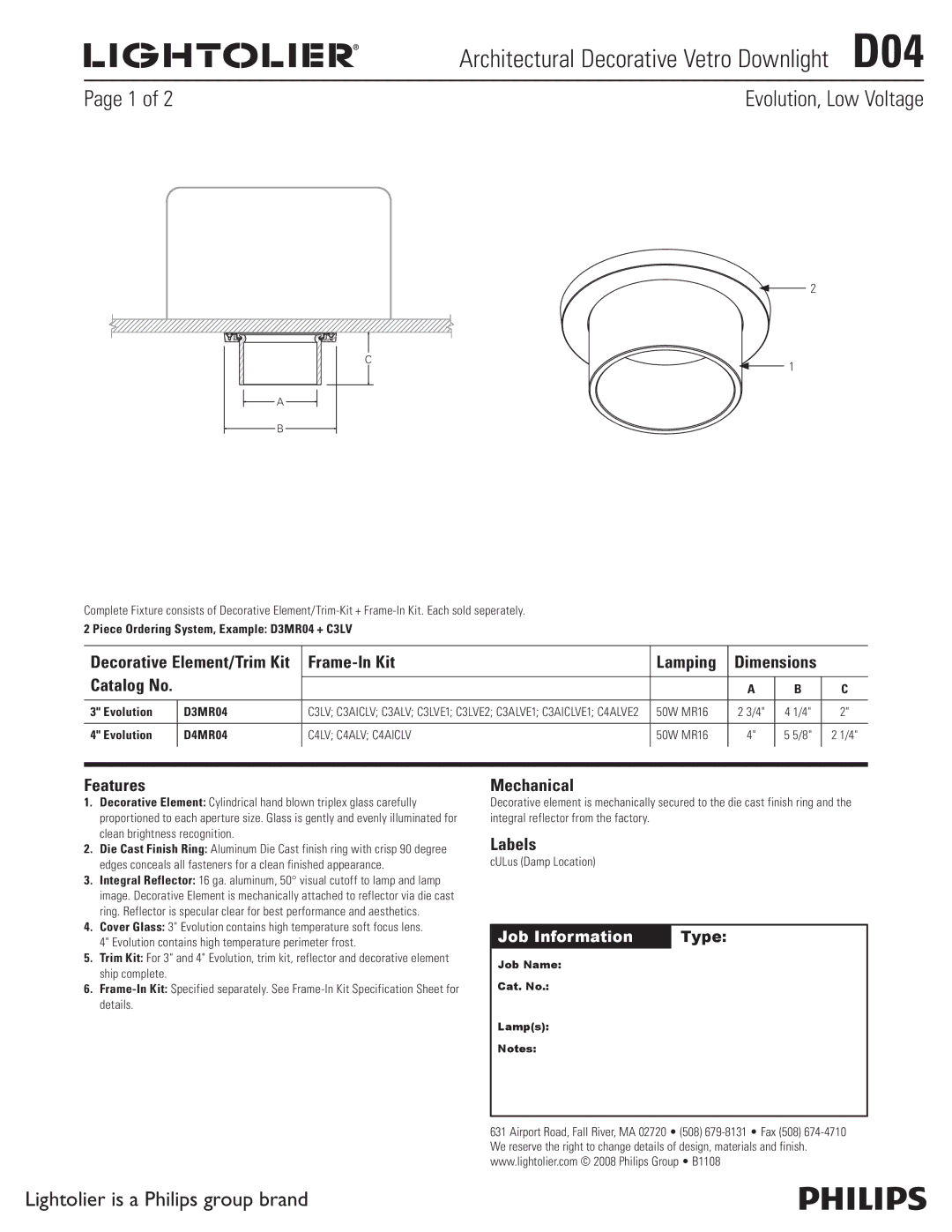 Lightolier D04 dimensions Frame-In Kit Lamping, Features, Mechanical, Labels 