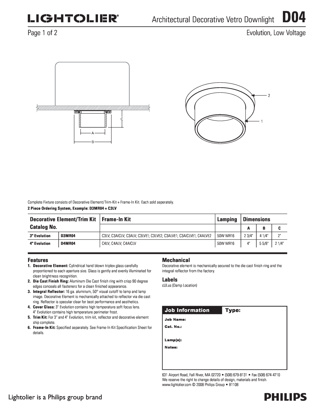 Lightolier dimensions Architectural Decorative Vetro DownlightD04, Evolution, Low Voltage, Page 1 of, Job Information 