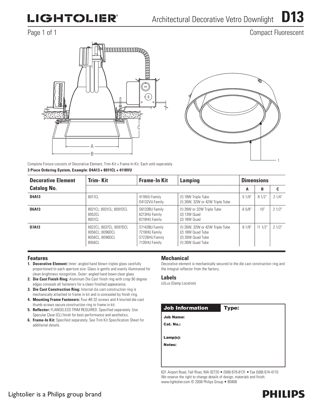 Lightolier dimensions Compact Fluorescent, Architectural Decorative Vetro Downlight D13 