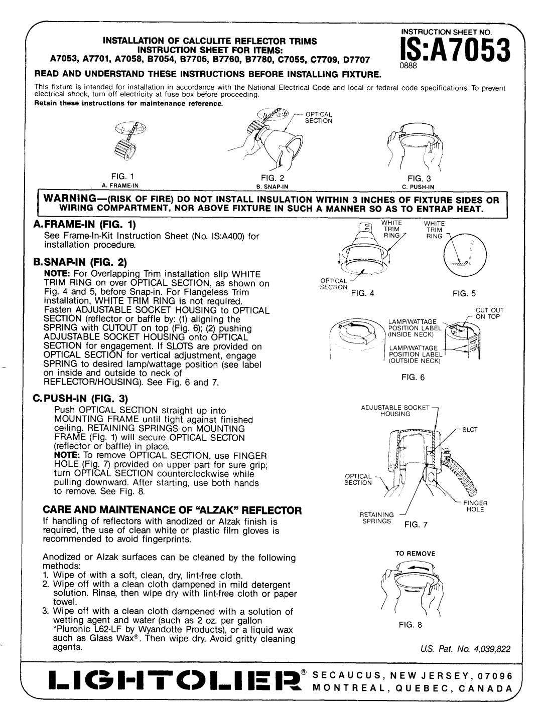 Lightolier C7055 instruction sheet ISA7053, Frame-In Fig, Snafin FIG, Push-In Fig, Care and Maintenance of A12AK Reflector 