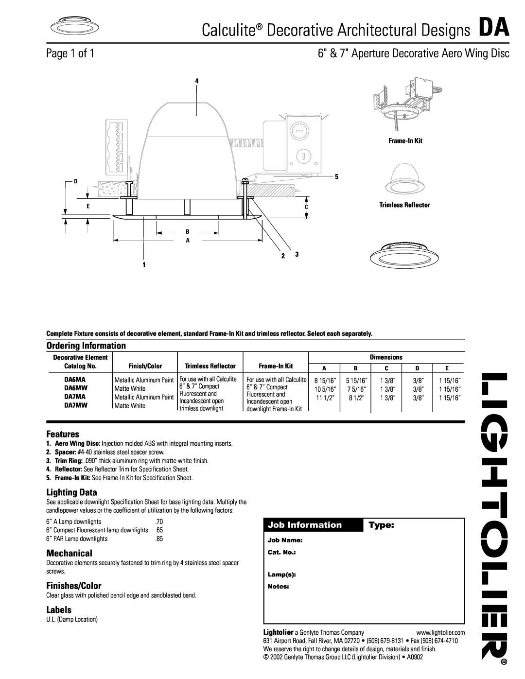 Lightolier dimensions Calculite Decorative Architectural Designs DA, Page 1 of, Ordering Information, Features, Labels 