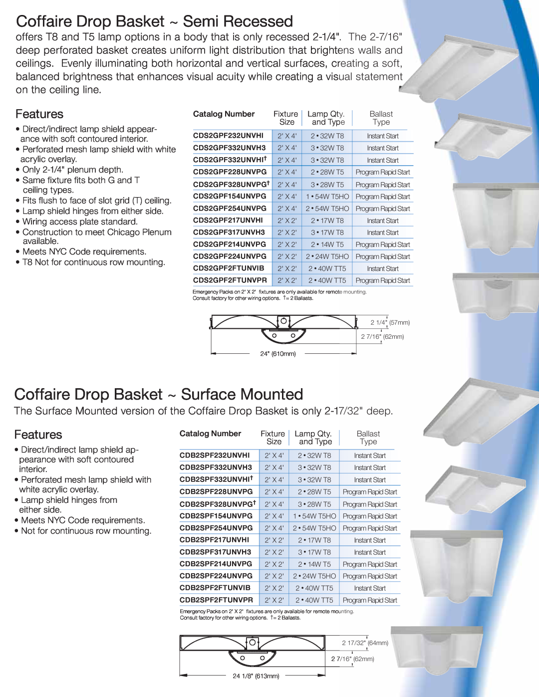 Lightolier DB/HP90 DL manual Coffaire Drop Basket ~ Semi Recessed, Coffaire Drop Basket ~ Surface Mounted, Features 