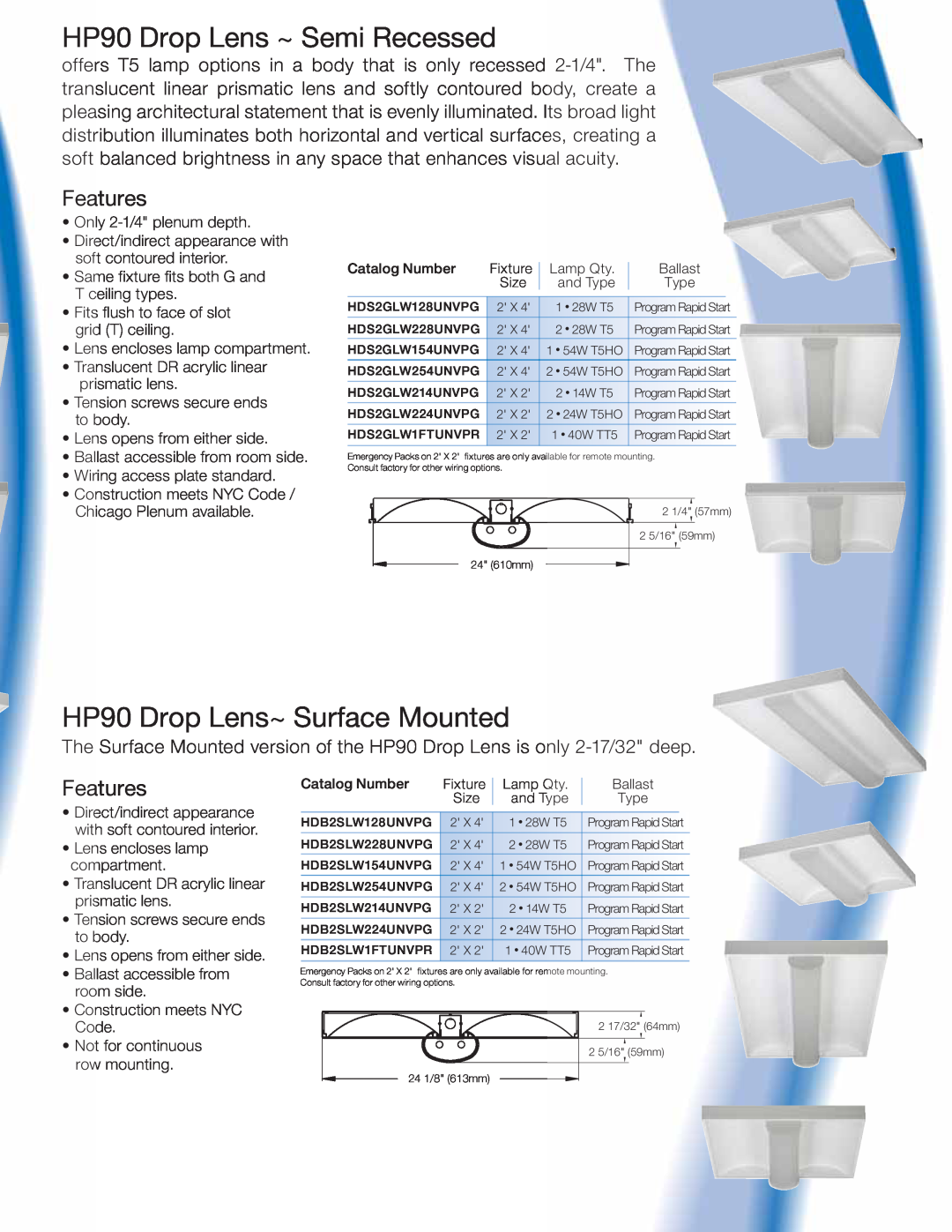 Lightolier DB/HP90 DL manual HP90 Drop Lens ~ Semi Recessed, HP90 Drop Lens~ Surface Mounted, Features 