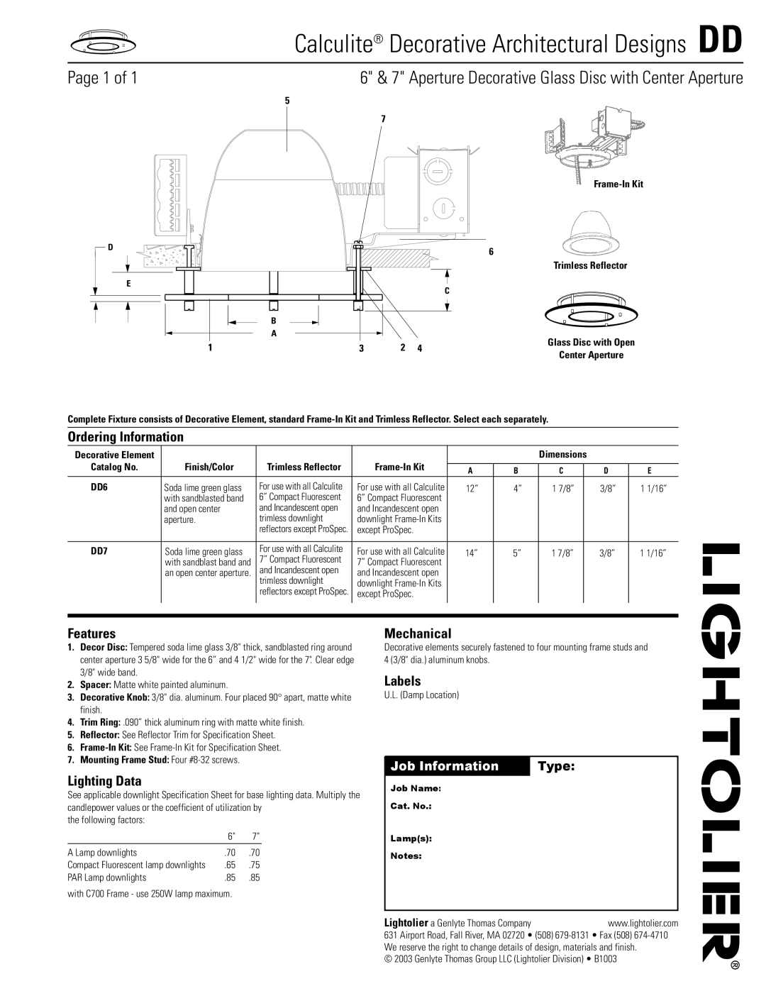 Lightolier dimensions Calculite Decorative Architectural Designs DD, Page 1 of, Ordering Information, Features, Labels 
