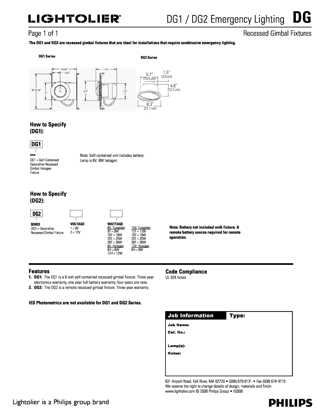 Lightolier warranty DG1 / DG2 Emergency LightingDG, Recessed Gimbal Fixtures, Page 1 of, Features, Code Compliance 