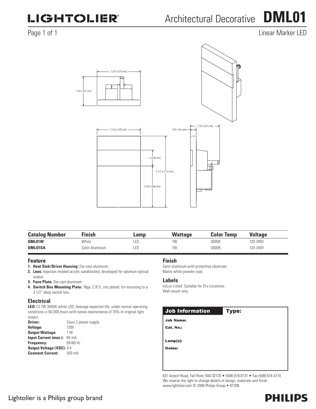 Lightolier manual Architectural Decorative DML01, Linear Marker LED 