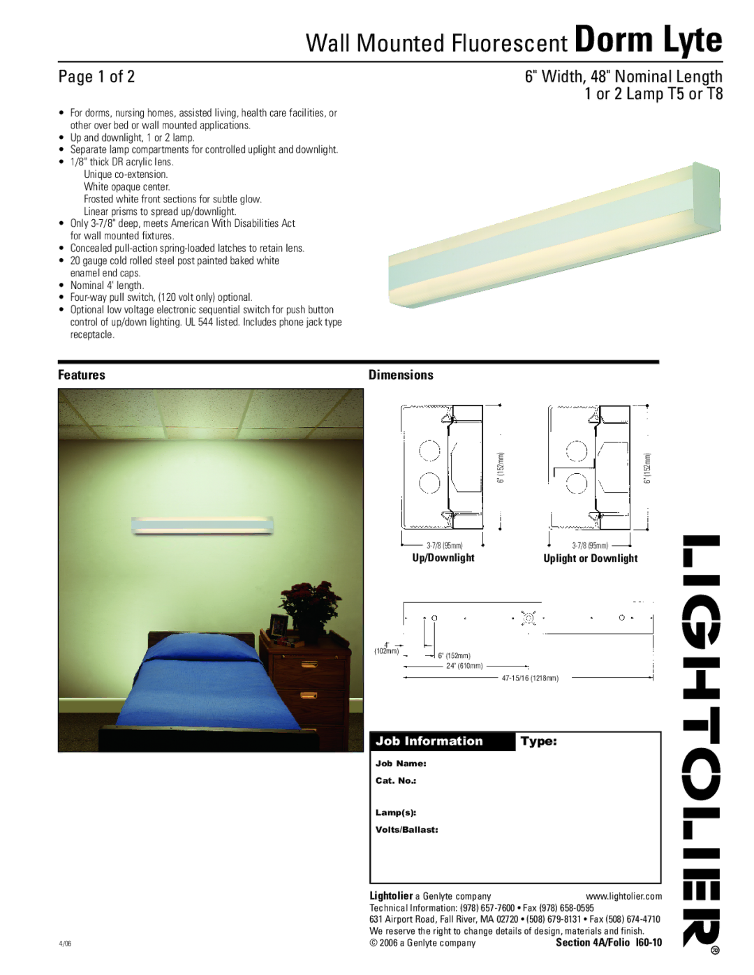 Lightolier Dorm Lyte dimensions Features, Job Information Type 