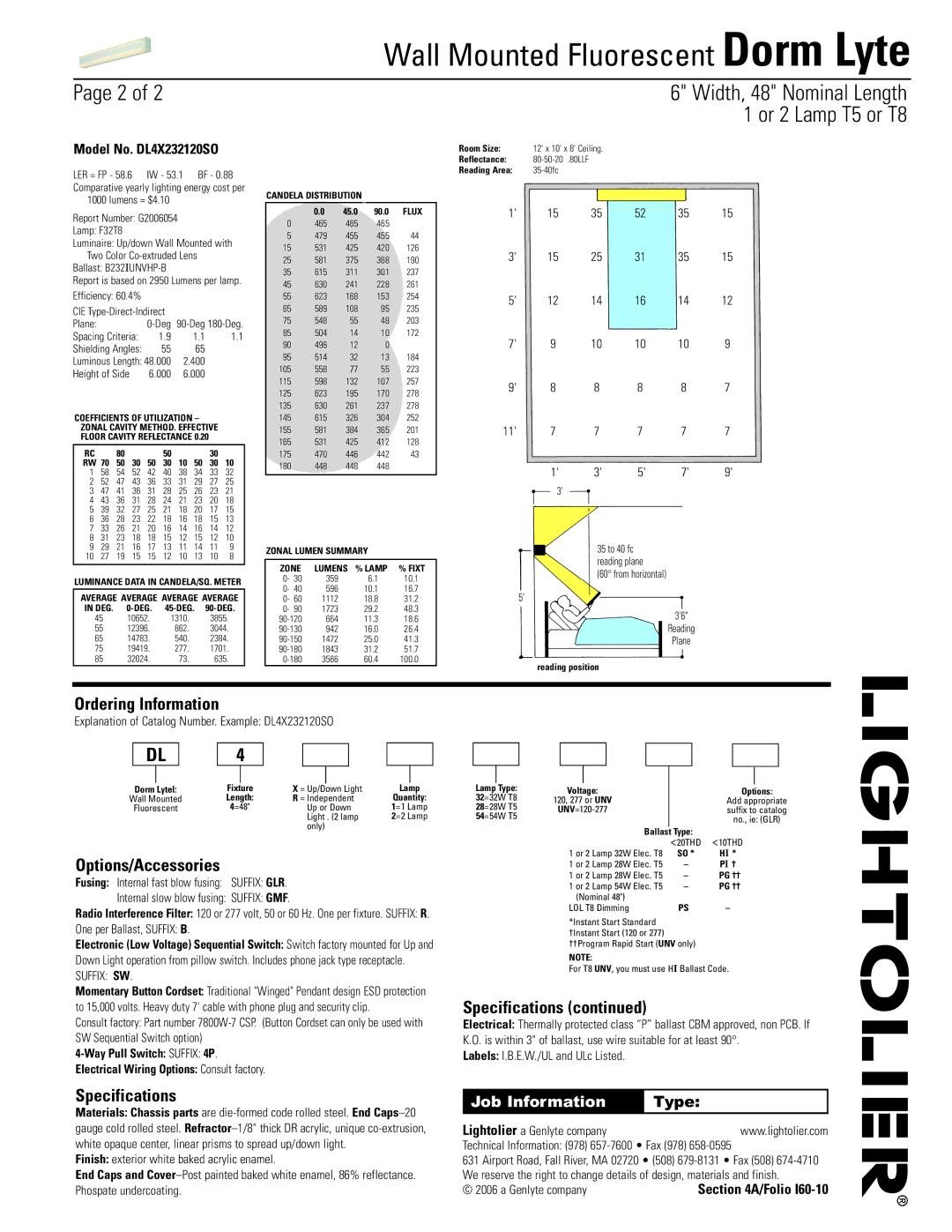 Lightolier Dorm Lyte dimensions Ordering Information, Options/Accessories, Specifications, Job Information 