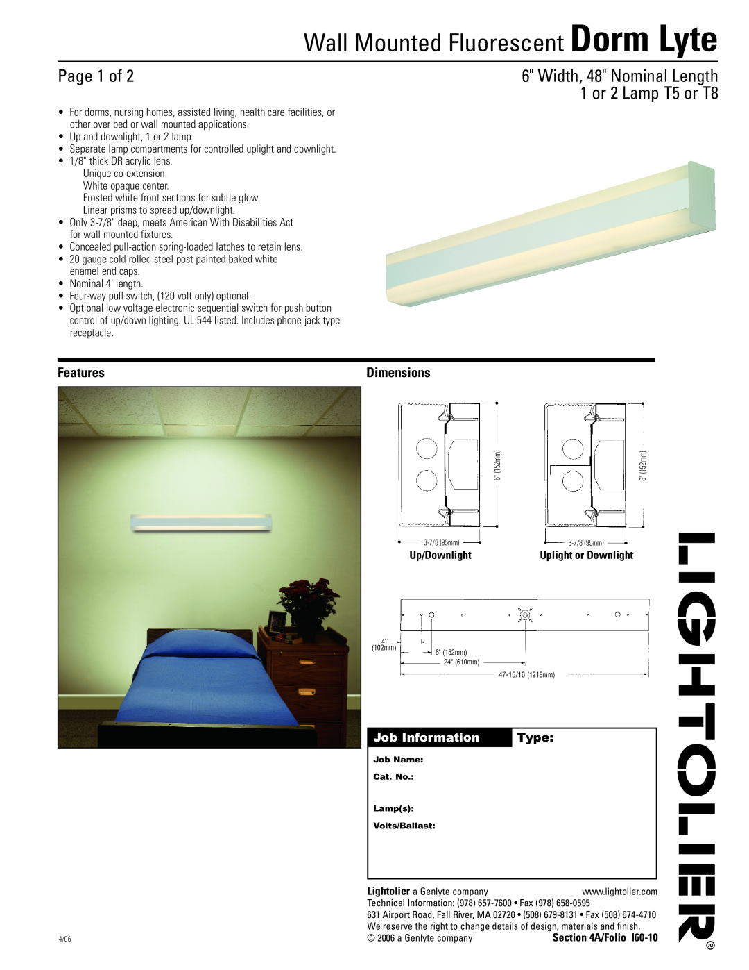 Lightolier dimensions Wall Mounted Fluorescent Dorm Lyte, Page 1 of, Features, Job Information, Type, Dimensions 