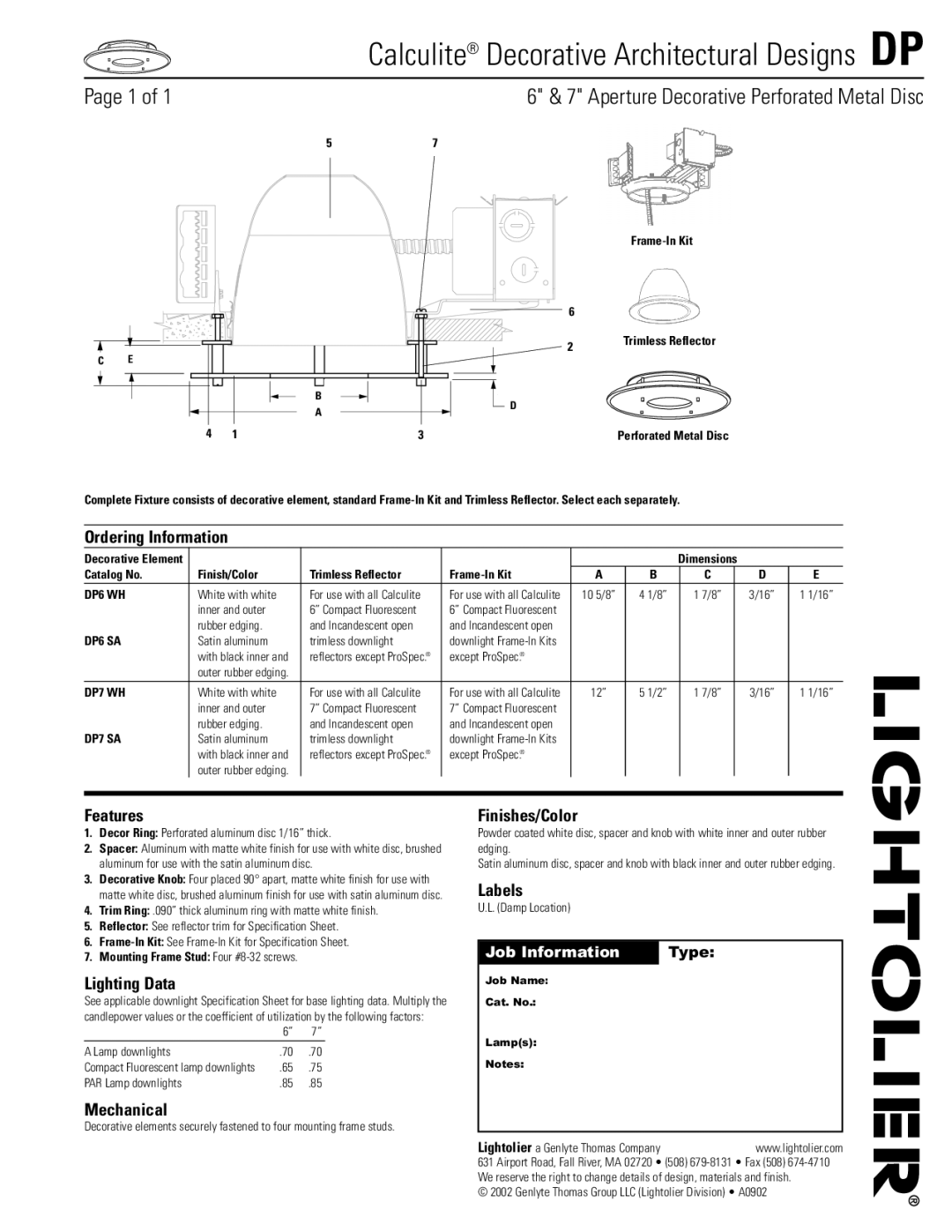 Lightolier DP specifications Ordering Information, Features, Lighting Data, Mechanical, Finishes/Color, Labels 