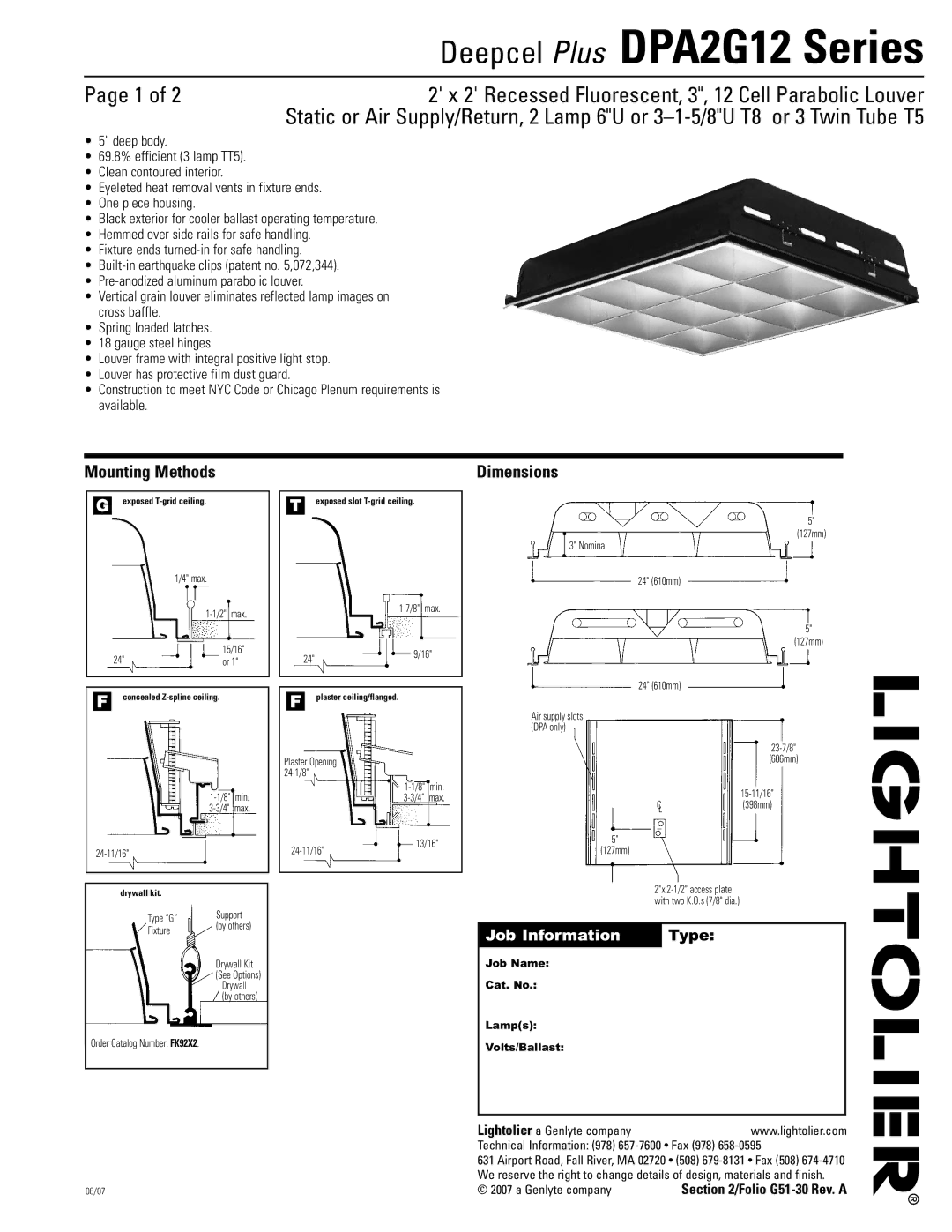 Lightolier DPA2G12 Series dimensions Mounting Methods, Dimensions, Job Information, Job Name Cat. No Lamps Volts/Ballast 