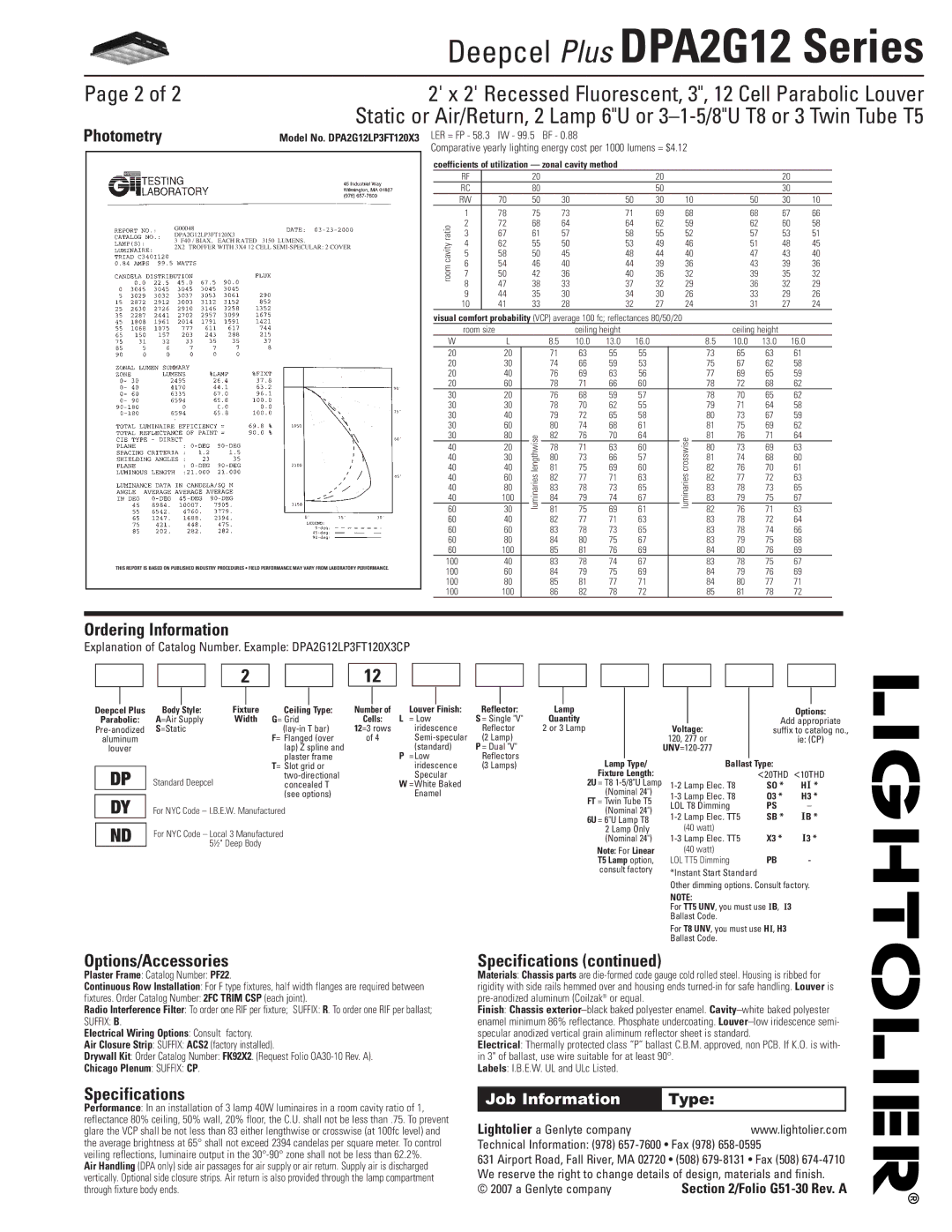 Lightolier DPA2G12 Series Photometry, Ordering Information, Options/Accessories, Specifications, Job Information Type 