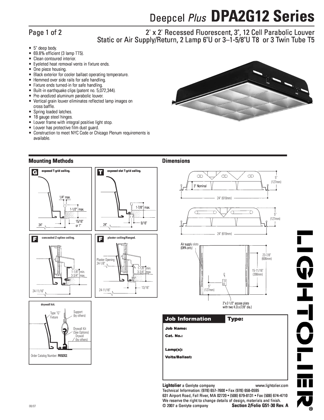 Lightolier dimensions Deepcel Plus DPA2G12 Series, Page 1 of, Mounting Methods, Dimensions, Job Information, Type 