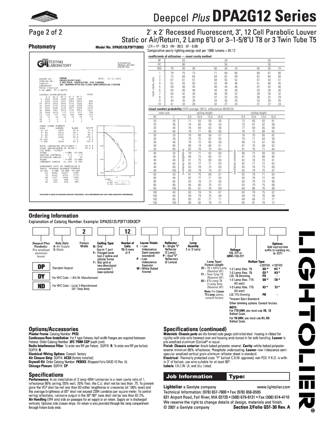 Lightolier DPA2G12 Series Page 2 of, Photometry, Ordering Information, Options/Accessories, Specifications, Dp Dy Nd 