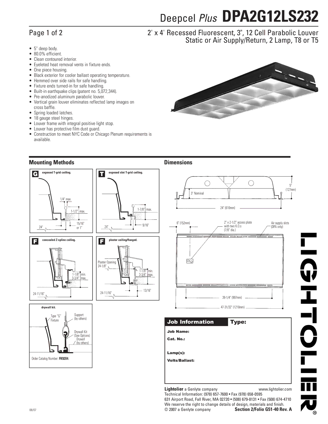 Lightolier DPA2G12LS232 dimensions Mounting Methods, Dimensions, Job Name Cat. No Lamps Volts/Ballast, Folio G51-40 Rev. a 