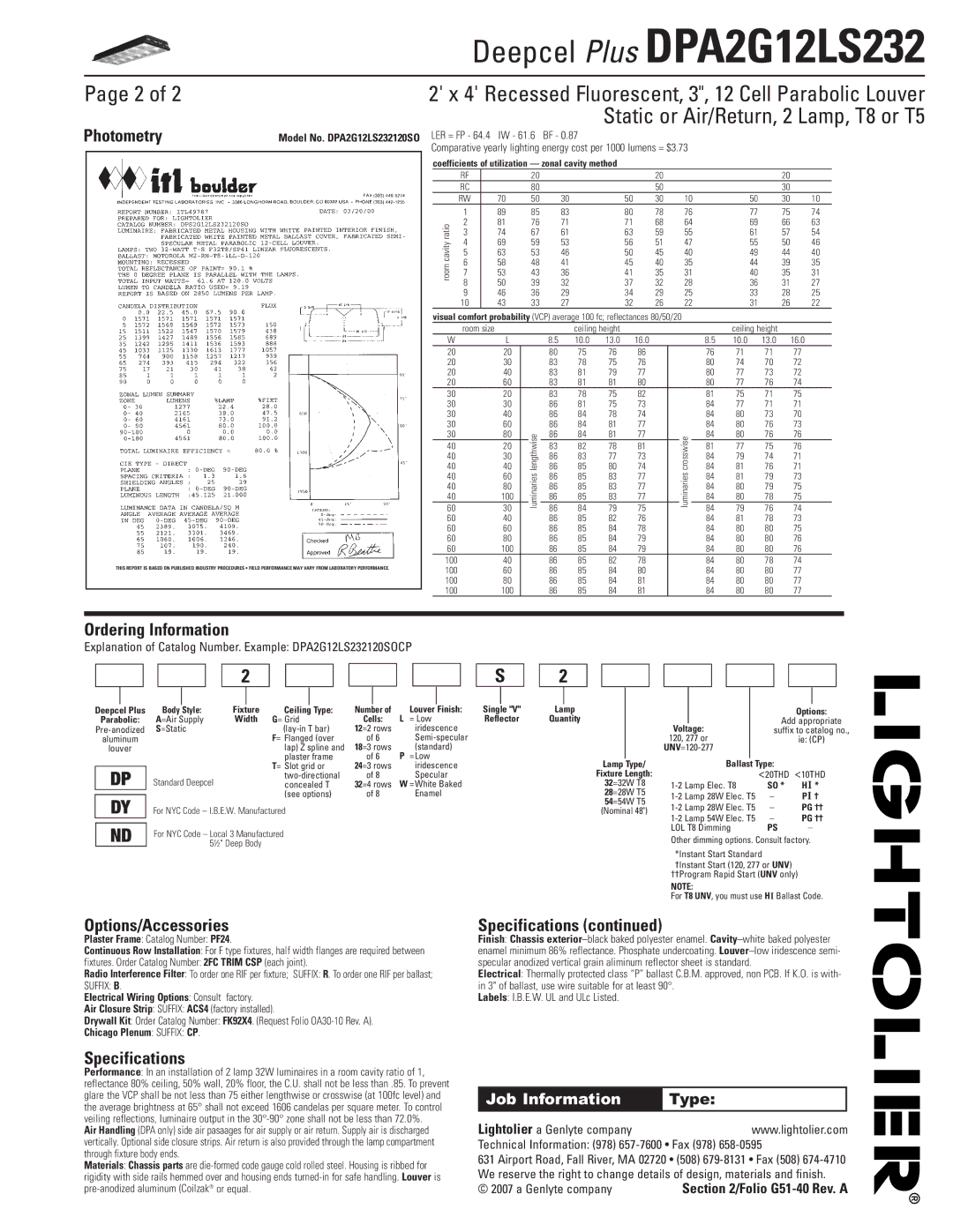 Lightolier DPA2G12LS232 dimensions Photometry, Ordering Information, Options/Accessories, Specifications 