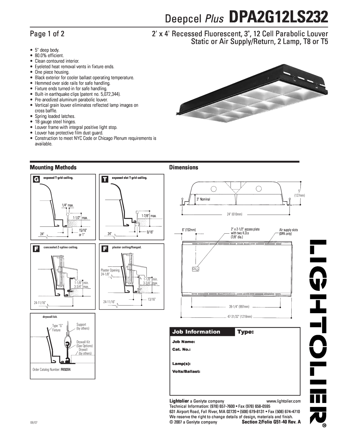 Lightolier DPA2G12LS232 dimensions Page 1 of, Static or Air Supply/Return, 2 Lamp, T8 or T5, Mounting Methods, Dimensions 