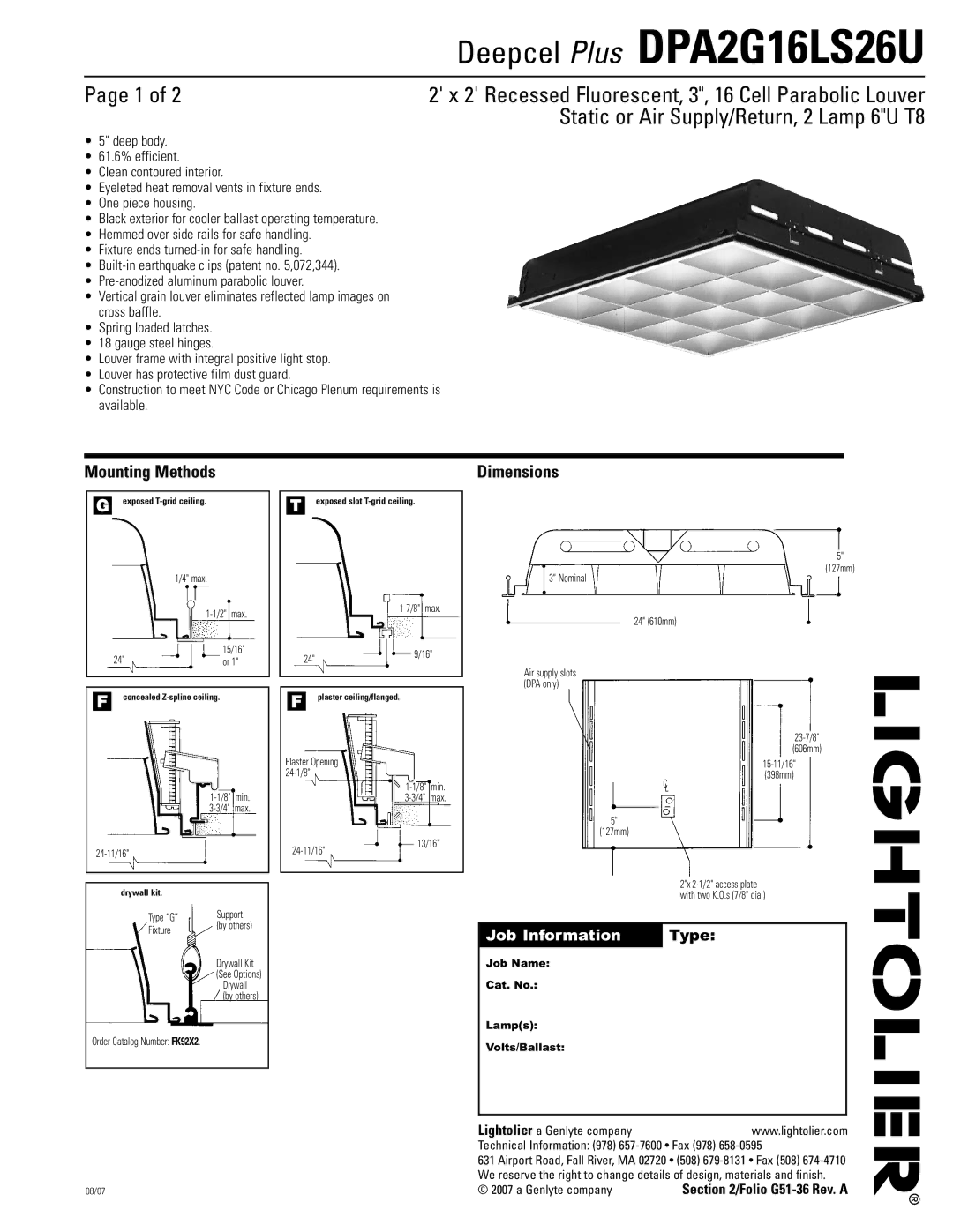 Lightolier DPA2G16LS26U dimensions Mounting Methods, Dimensions, Job Name Cat. No Lamps Volts/Ballast, Folio G51-36 Rev. a 