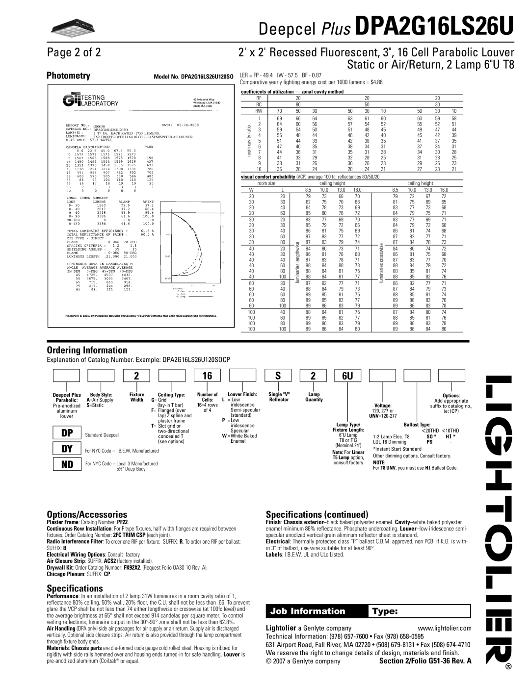 Lightolier DPA2G16LS26U dimensions Photometry, Ordering Information, Options/Accessories, Specifications 