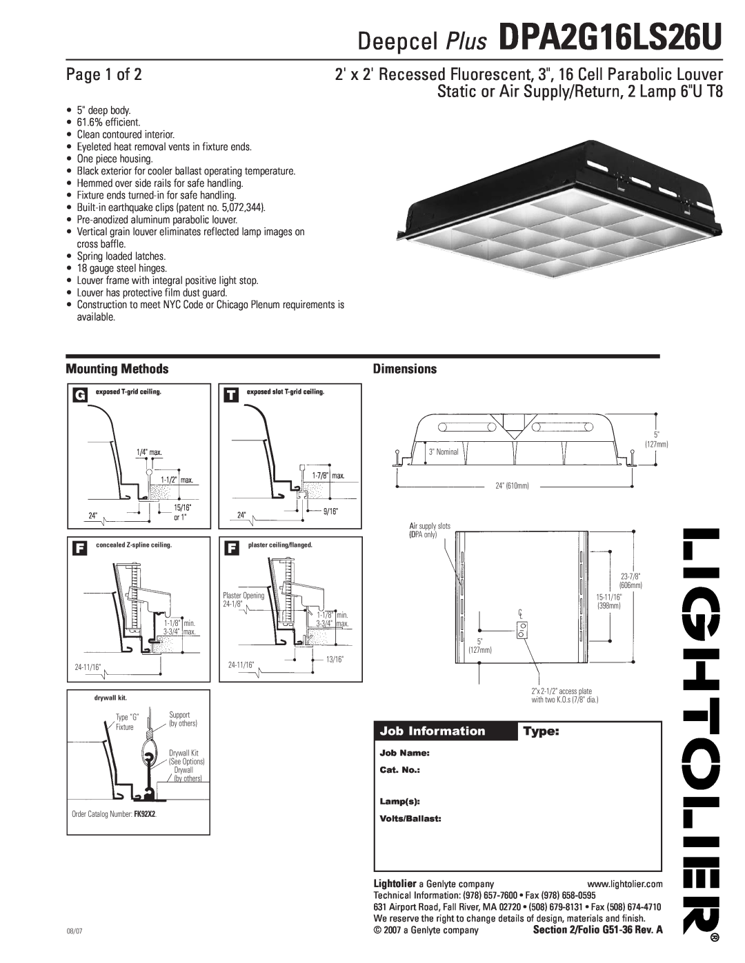 Lightolier dimensions Deepcel Plus DPA2G16LS26U, Page 1 of, Static or Air Supply/Return, 2 Lamp 6U T8, Mounting Methods 