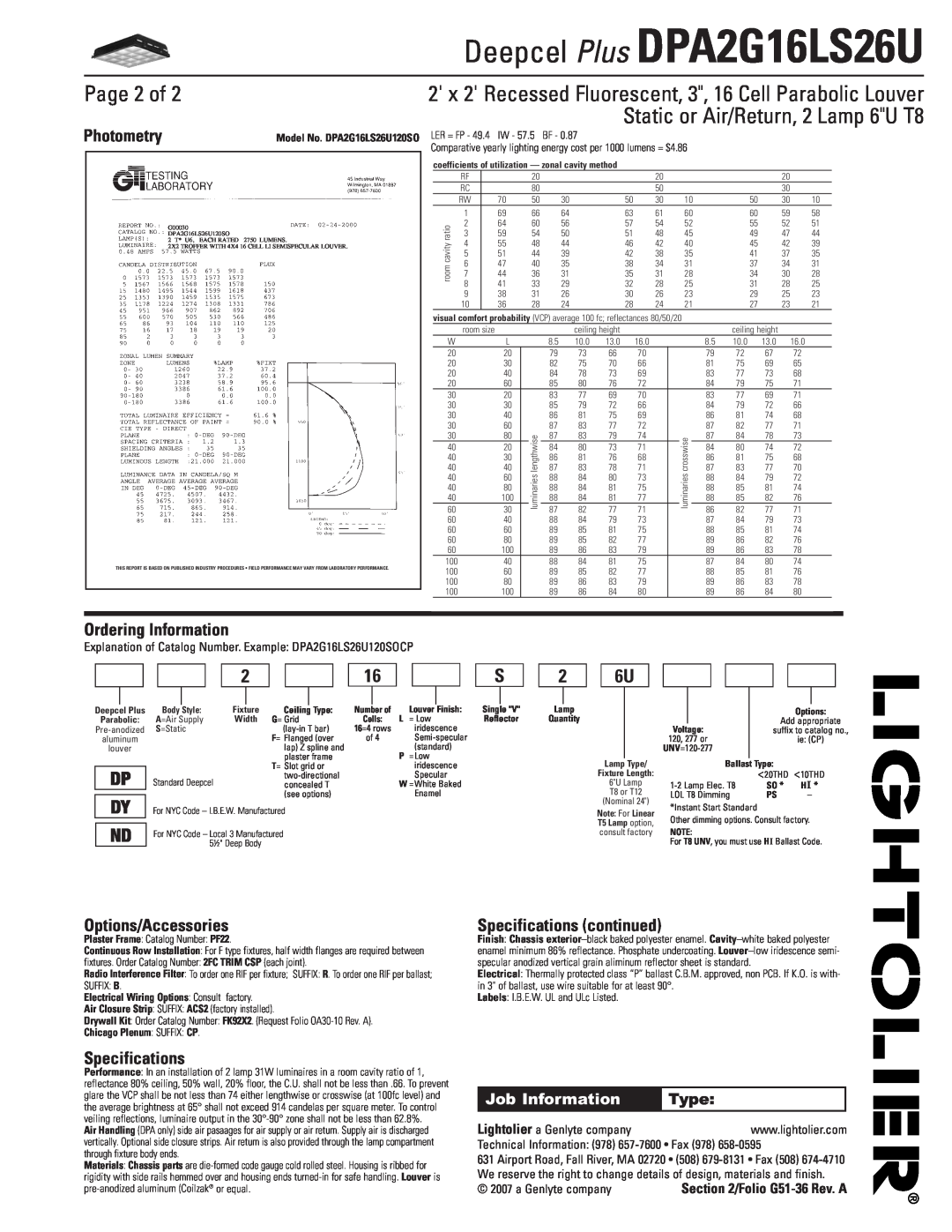 Lightolier DPA2G16LS26U Page 2 of, Photometry, Ordering Information, Options/Accessories, Specifications continued, Type 