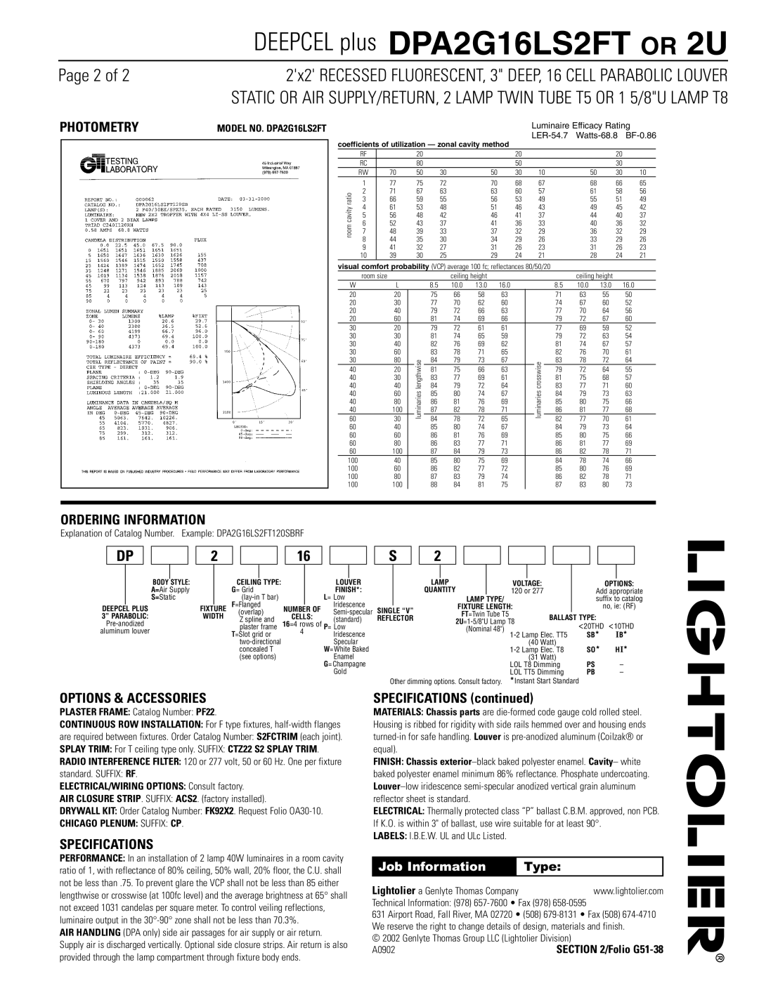 Lightolier DPA2G16LS2FT or 2U dimensions Photometry, Ordering Information, Options & Accessories, Specifications 