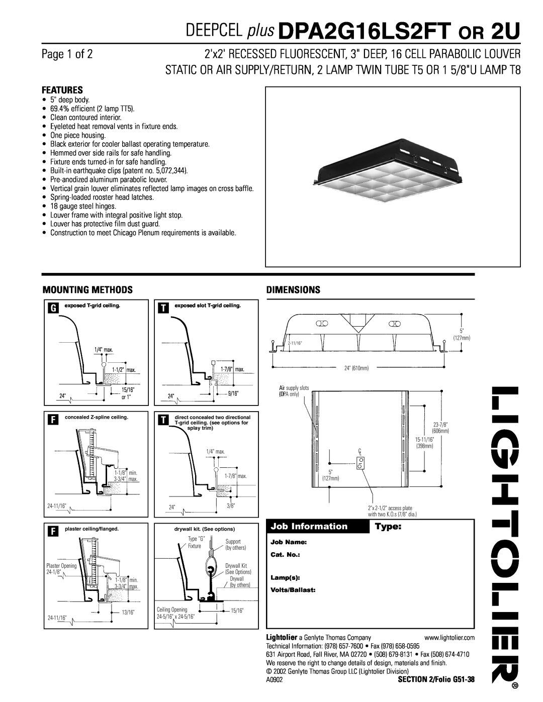 Lightolier DPA2G16LS2FT or 2U dimensions Page 1 of, Features, Mounting Methods, Dimensions 
