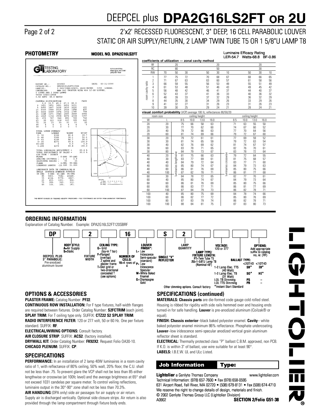 Lightolier DPA2G16LS2FT or 2U dimensions Page 2 of, Photometry, Ordering Information, Options & Accessories, Specifications 