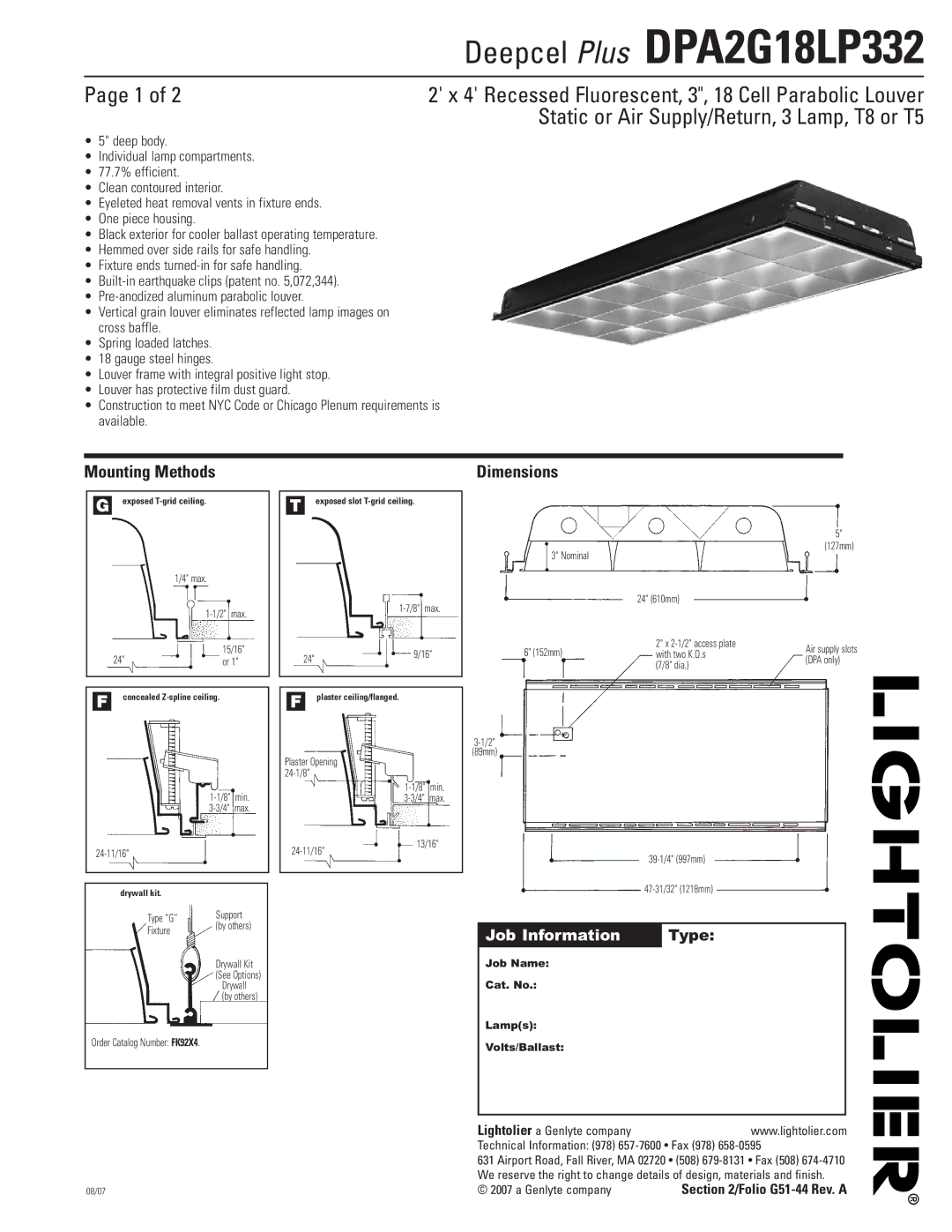 Lightolier DPA2G18LP332 dimensions Mounting Methods, Dimensions, Job Name Cat. No Lamps Volts/Ballast, Folio G51-44 Rev. a 