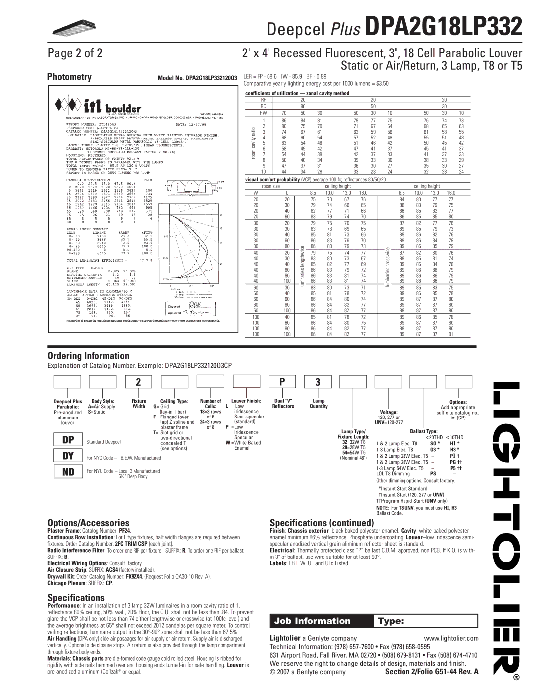 Lightolier DPA2G18LP332 dimensions Photometry, Ordering Information, Options/Accessories, Specifications 